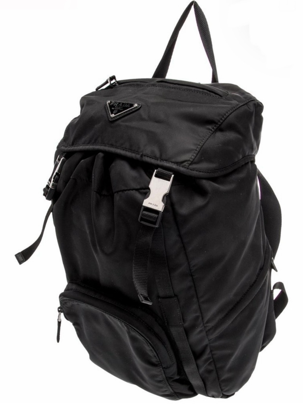 Prada Black Nylon Drawstring Backpack with Front Zip Pocket